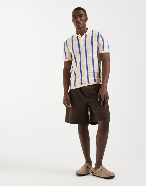 BLEND 100% cotton knitted polo in bleached sand stripe, 2 of 5