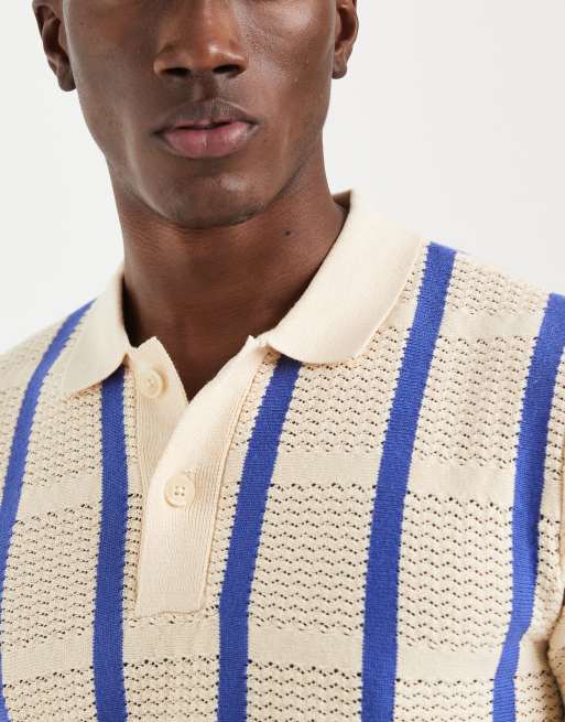 BLEND 100% cotton knitted polo in bleached sand stripe, 3 of 5