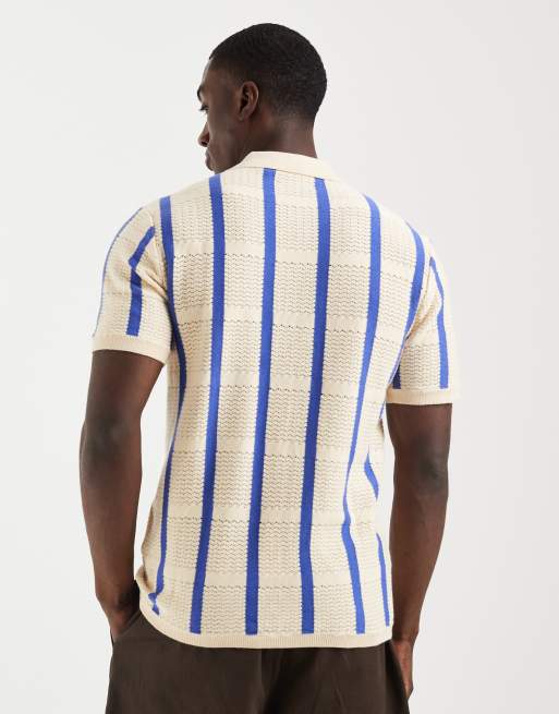 BLEND 100% cotton knitted polo in bleached sand stripe, 5 of 5