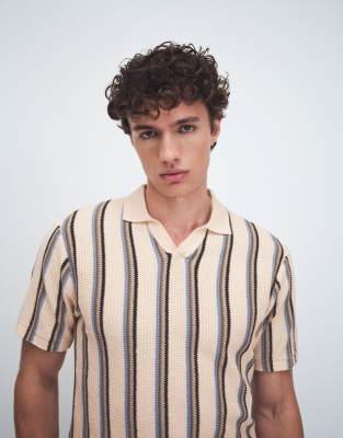 Blend 100% Cotton Regular Fit Knit Open Collar Polo In Neutral