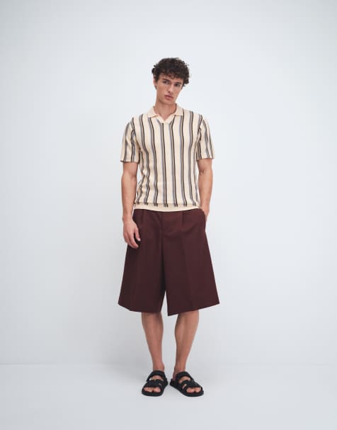 BLEND 100% cotton regular fit knit open collar polo in bleached sand stripe - view 1