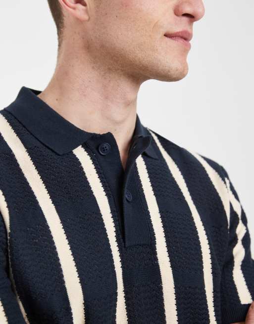 BLEND 100% cotton regular fit knitted polo in navy stripe, 3 of 5