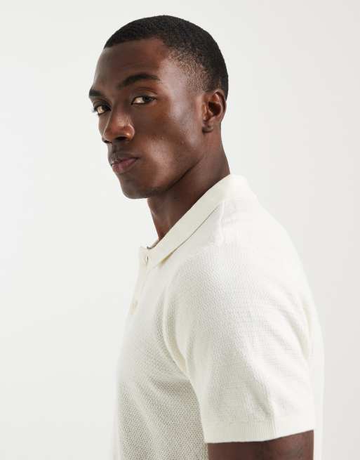 BLEND 100% cotton regular fit knitted polo in off white, 3 of 5