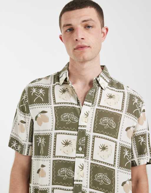 BLEND 100% cotton regular fit summer patchwork print shirt in dusty olive, 3 of 5