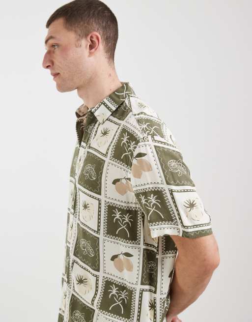 BLEND 100% cotton regular fit summer patchwork print shirt in dusty olive, 4 of 5