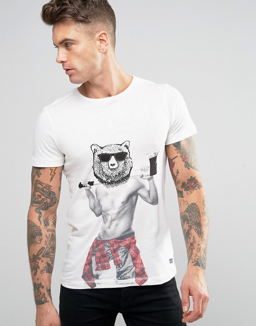 Blend Bear Print Slim T-Shirt-White