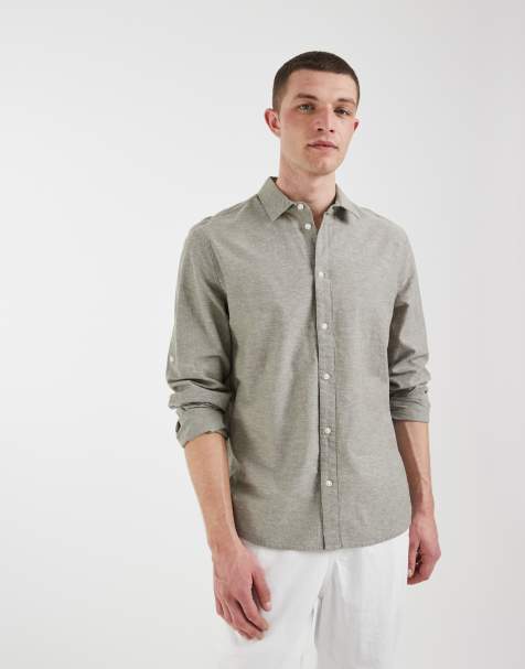 BLEND - Camicia a maniche lunghe in misto lino e cotone color oliva polvere - view 1