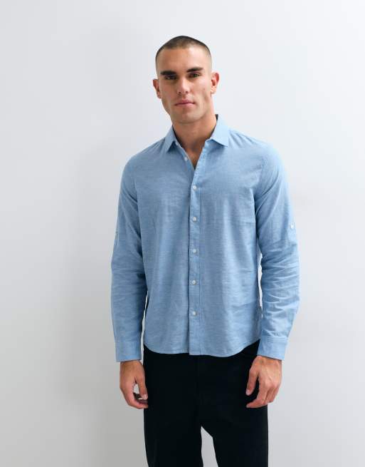 BLEND - camisa de manga larga de corte estándar en azul claro de mezcla de algodón y lino, 2 de 5