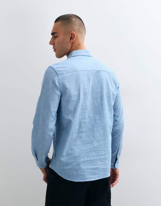 BLEND - camisa de manga larga de corte estándar en azul claro de mezcla de algodón y lino, 3 de 5