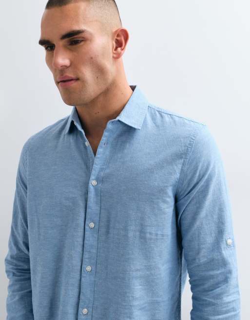 BLEND - camisa de manga larga de corte estándar en azul claro de mezcla de algodón y lino, 4 de 5