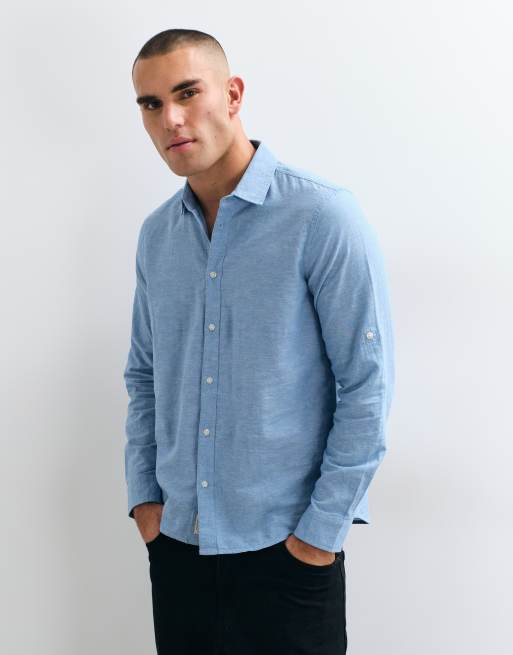 BLEND - camisa de manga larga de corte estándar en azul claro de mezcla de algodón y lino, 5 de 5