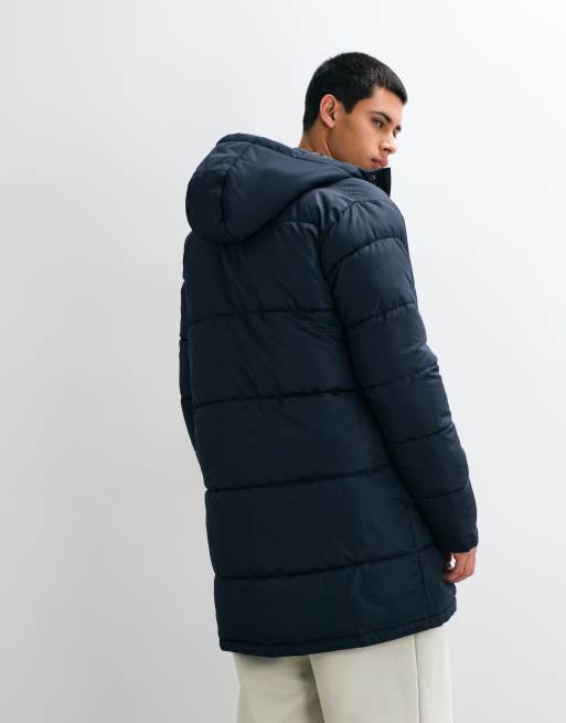 BLEND - chaqueta acolchada larga con capucha y cremallera en azul marino, 5 de 5