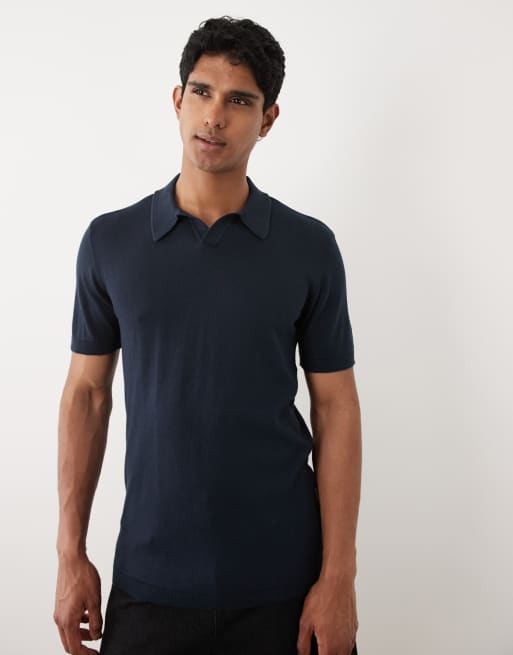 BLEND cotton knitted open collar regular fit polo in navy, 2 of 5