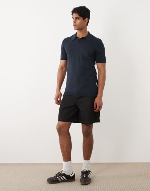 BLEND cotton knitted open collar regular fit polo in navy, 3 of 5