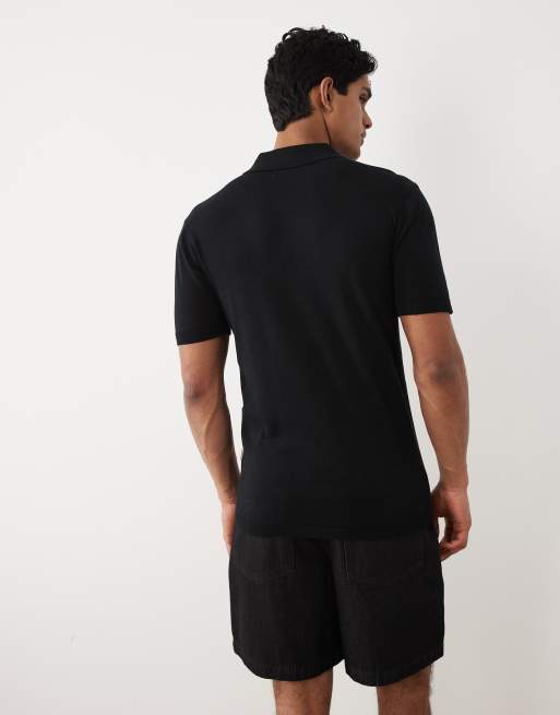 BLEND cotton knitted regular fit open collar polo in black, 3 of 5