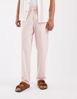 Blend Cotton-linen Drawstring Waist Regular Fit Pants In Pink