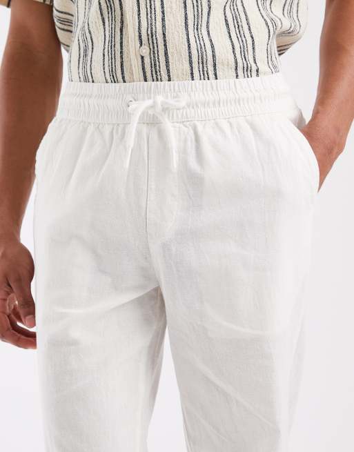 BLEND cotton-linen drawstring waist regular fit trousers in white, 4 of 5