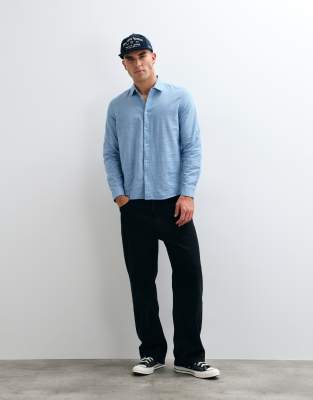 Blend Cotton-linen Regular Fit Long Sleeve Shirt In Blue