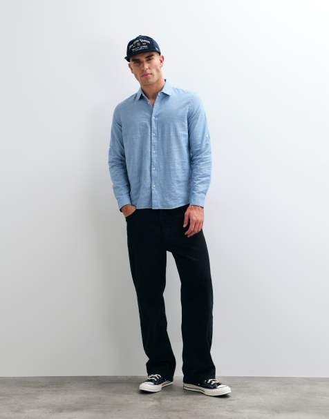 BLEND cotton-linen regular fit long sleeve shirt in light blue - view 1
