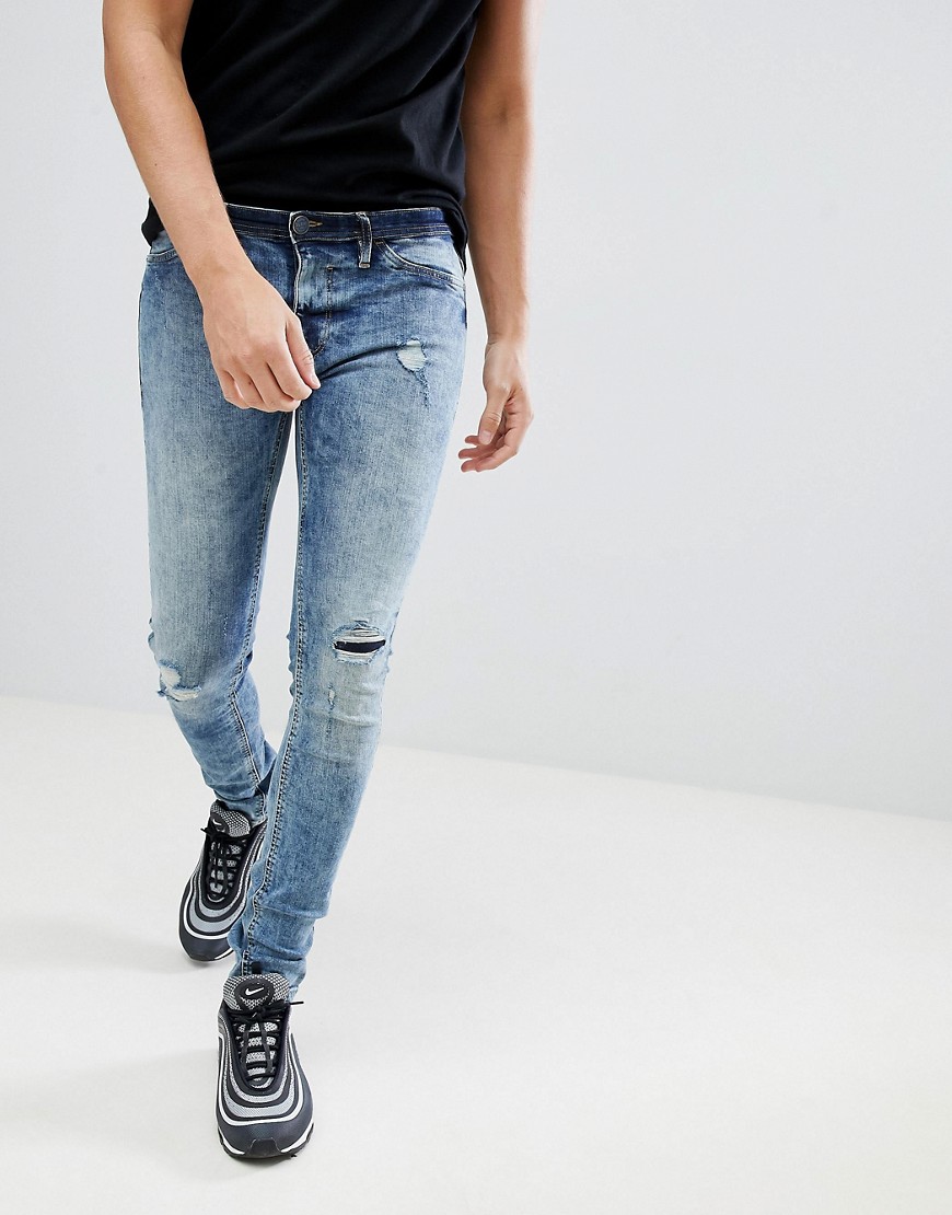 Blend – Flurry – Urblekta jeans i muscle fit med revor över knäna-Blå