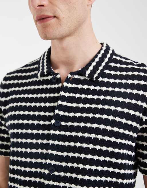 BLEND - Gebreid regular-fit gestreept poloshirt van 100% katoen in marineblauw, 3 van 5