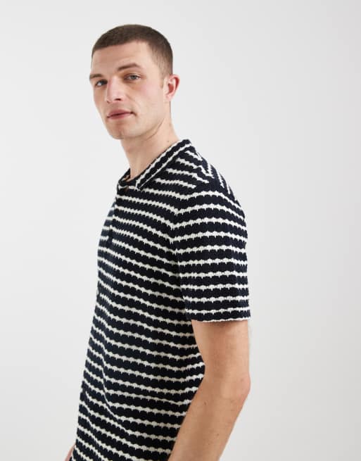 BLEND - Gebreid regular-fit gestreept poloshirt van 100% katoen in marineblauw, 4 van 5