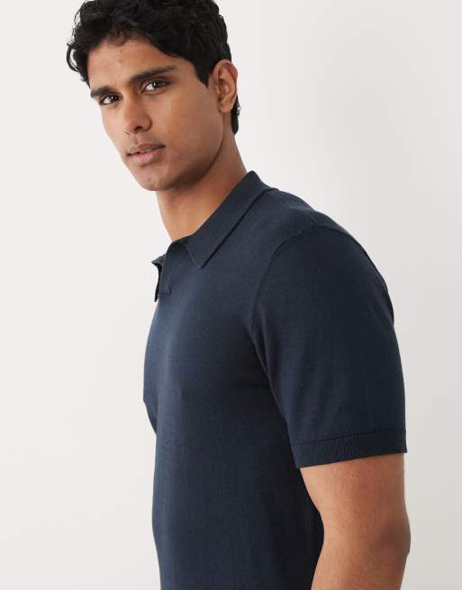 BLEND - Gebreide regular-fit polo van katoenmix met open kraag in marineblauw, 5 van 5