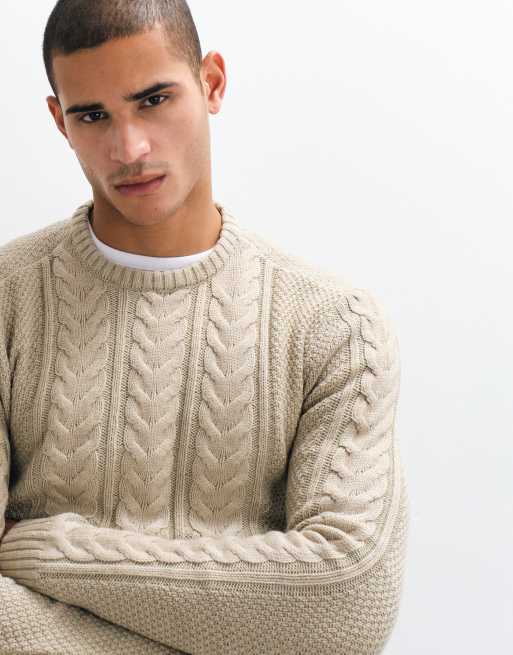 BLEND - Gebreide trui met kabels in beige, 3 van 5