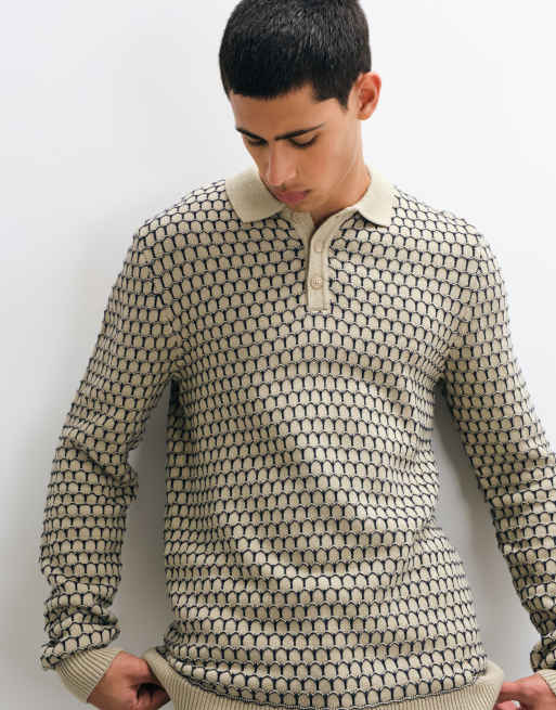 BLEND geometrischer Strick-Pullover mit Polokragen in Cremeweiß, 2 von 5