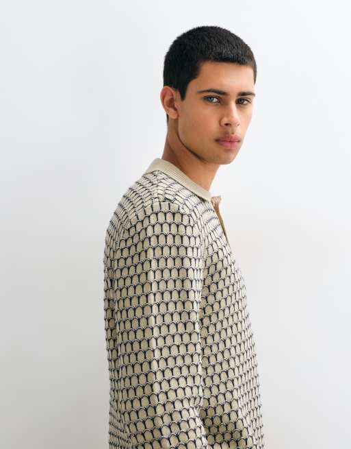 BLEND geometrischer Strick-Pullover mit Polokragen in Cremeweiß, 4 von 5