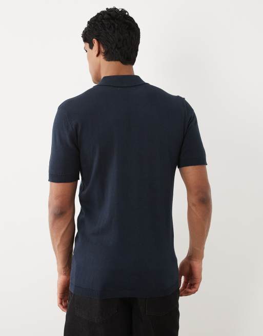 BLEND – Gestricktes Regular-Fit-Polohemd aus Baumwollmix in Marineblau mit offenem Kragen, 4 von 5