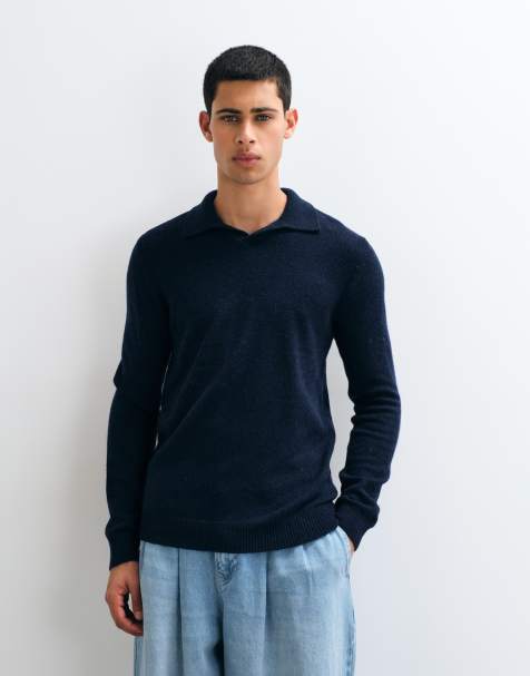 BLEND knitted collared wool-mix jumper in navy - view 1