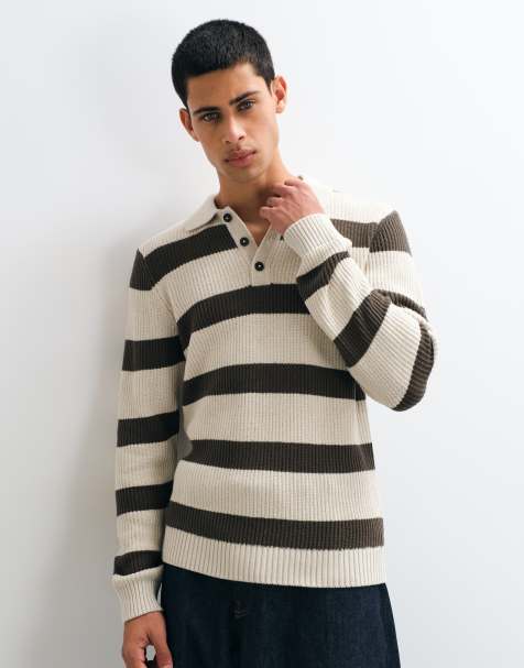 BLEND knitted rugby polo jumper in brown stripe - view 1