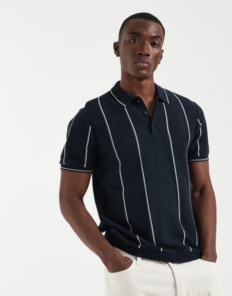BLEND - Marineblå slim fit-poloskjorte med striber i 100% bomuld - view 1