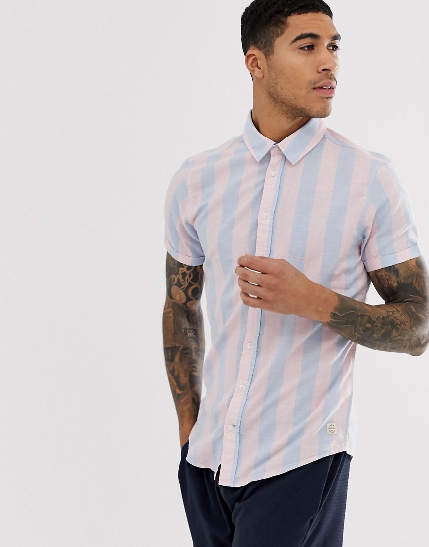 Blend - Overhemd met verticale strepen en korte mouwen in roze en blauw