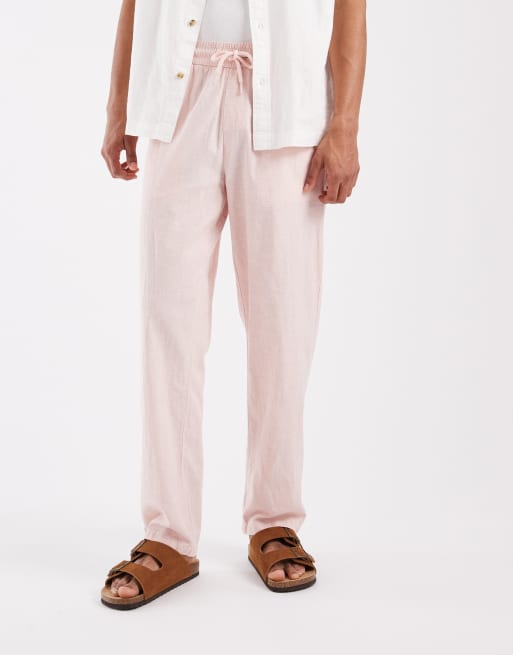 BLEND - Pantalones color melocotón de corte estándar con cordón ajustable en la cintura de algodón y lino