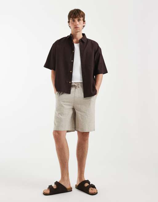 BLEND - Pantalones cortos beis empolvado de corte estándar con cordón ajustable en la cintura de algodón y lino, 4 de 5