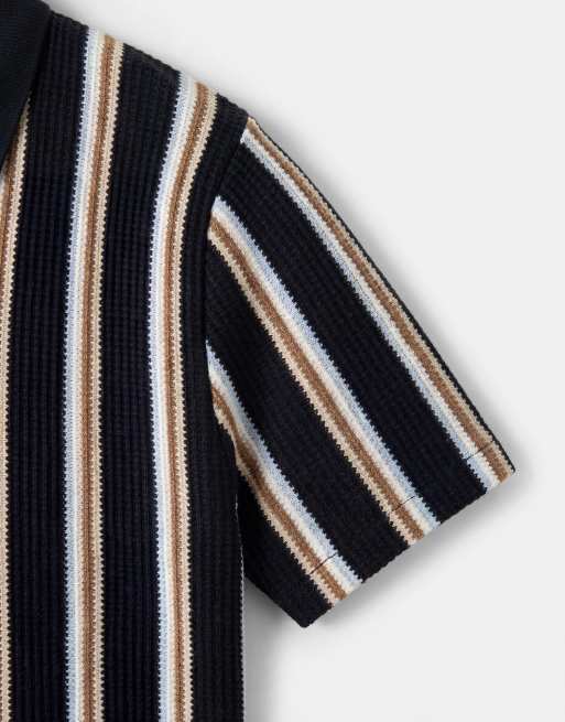 BLEND - Polo azul marino a rayas de corte estándar con solapas abiertas de punto de 100% algodón, 8 de 9