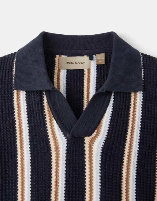 BLEND - Polo classique en maille 100 % coton à rayures avec col ouvert - Bleu marine, 9 de 9