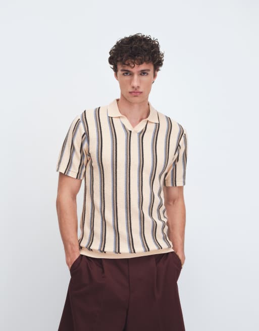 BLEND - Polo color arena descolorido a rayas de corte estándar con solapas abiertas de punto de 100% algodón, 3 de 9