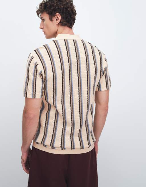 BLEND - Polo color arena descolorido a rayas de corte estándar con solapas abiertas de punto de 100% algodón, 5 de 9