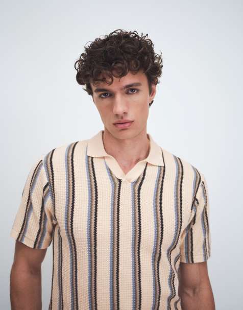 BLEND - Polo in maglia di 100% cotone con colletto aperto color sabbia candeggiato a righe - view 1