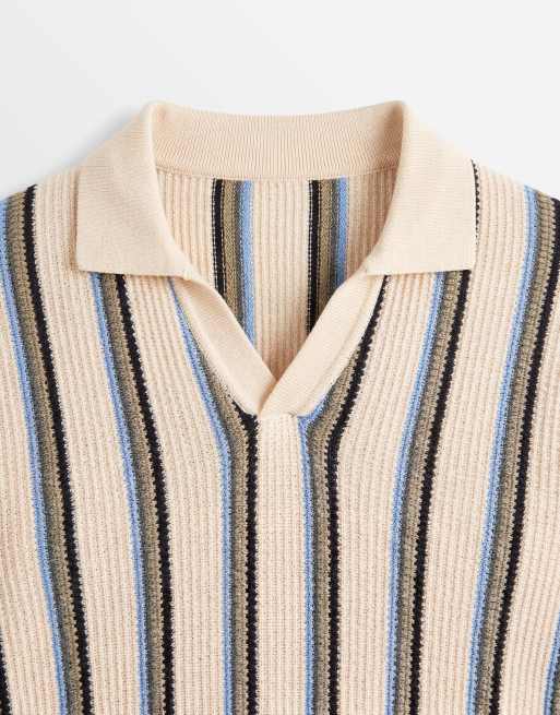 BLEND - Polo in maglia di 100% cotone con colletto aperto color sabbia candeggiato a righe, 8 di 9