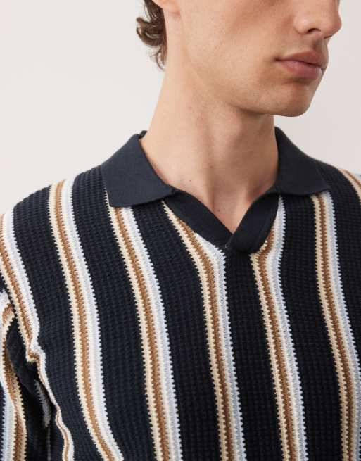 BLEND - Polo vestibilità classica con colletto aperto blu navy a righe in 100% cotone, 3 di 7
