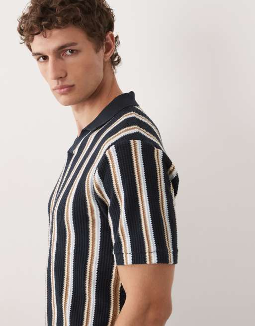BLEND - Polo vestibilità classica con colletto aperto blu navy a righe in 100% cotone, 4 di 7