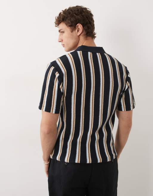 BLEND - Polo vestibilità classica con colletto aperto blu navy a righe in 100% cotone, 5 di 7