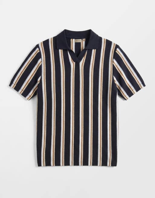 BLEND - Polo vestibilità classica con colletto aperto blu navy a righe in 100% cotone, 6 di 7