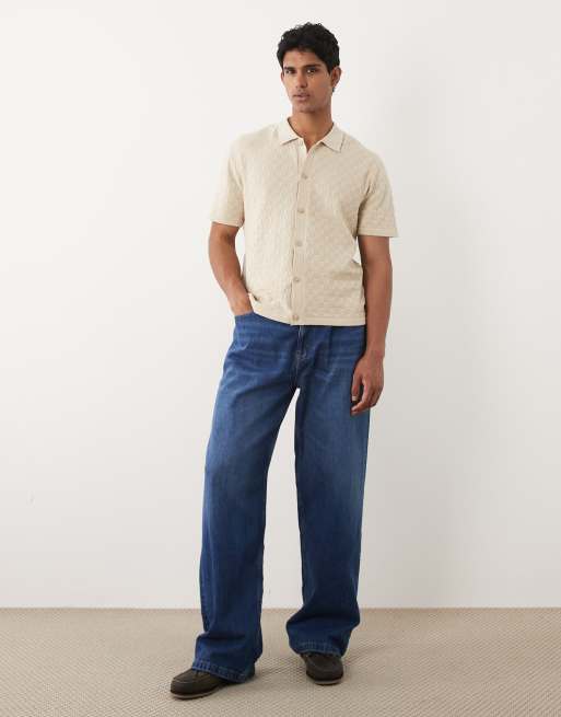 BLEND regular fit diamond knit button up polo in bleached sand, 2 of 5