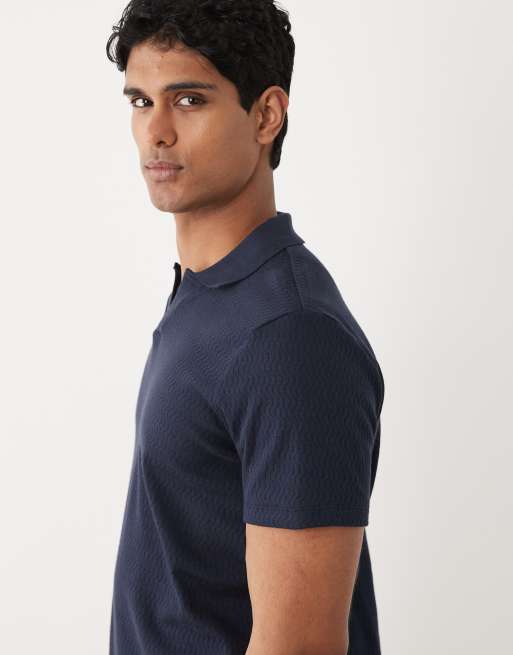 BLEND - Regular-fit gebreide polo met reverskraag en textuur in marineblauw, 3 van 5
