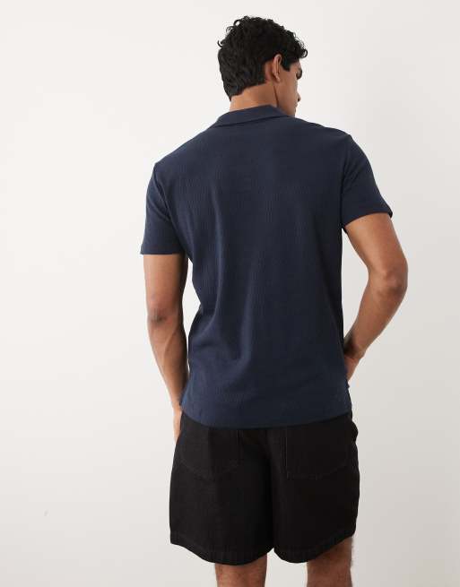 BLEND - Regular-fit gebreide polo met reverskraag en textuur in marineblauw, 5 van 5
